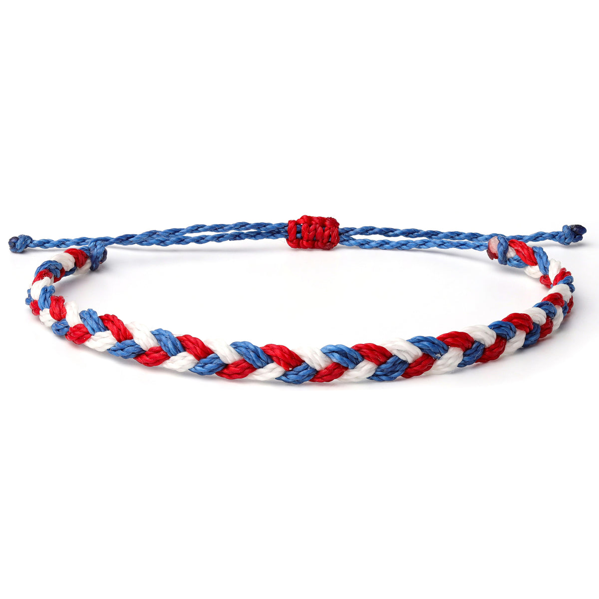 Braided Waterproof Bracelet with wax coated thread and colors red, white and blue, 4th of july