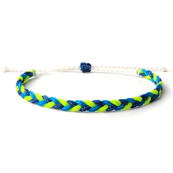 Braided Waterproof Bracelet with wax coated thread and colors white, neon yellow, blue