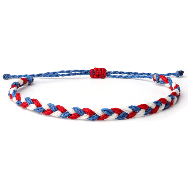 Braided Waterproof Bracelet with wax coated thread and colors red, white and blue, 4th of july