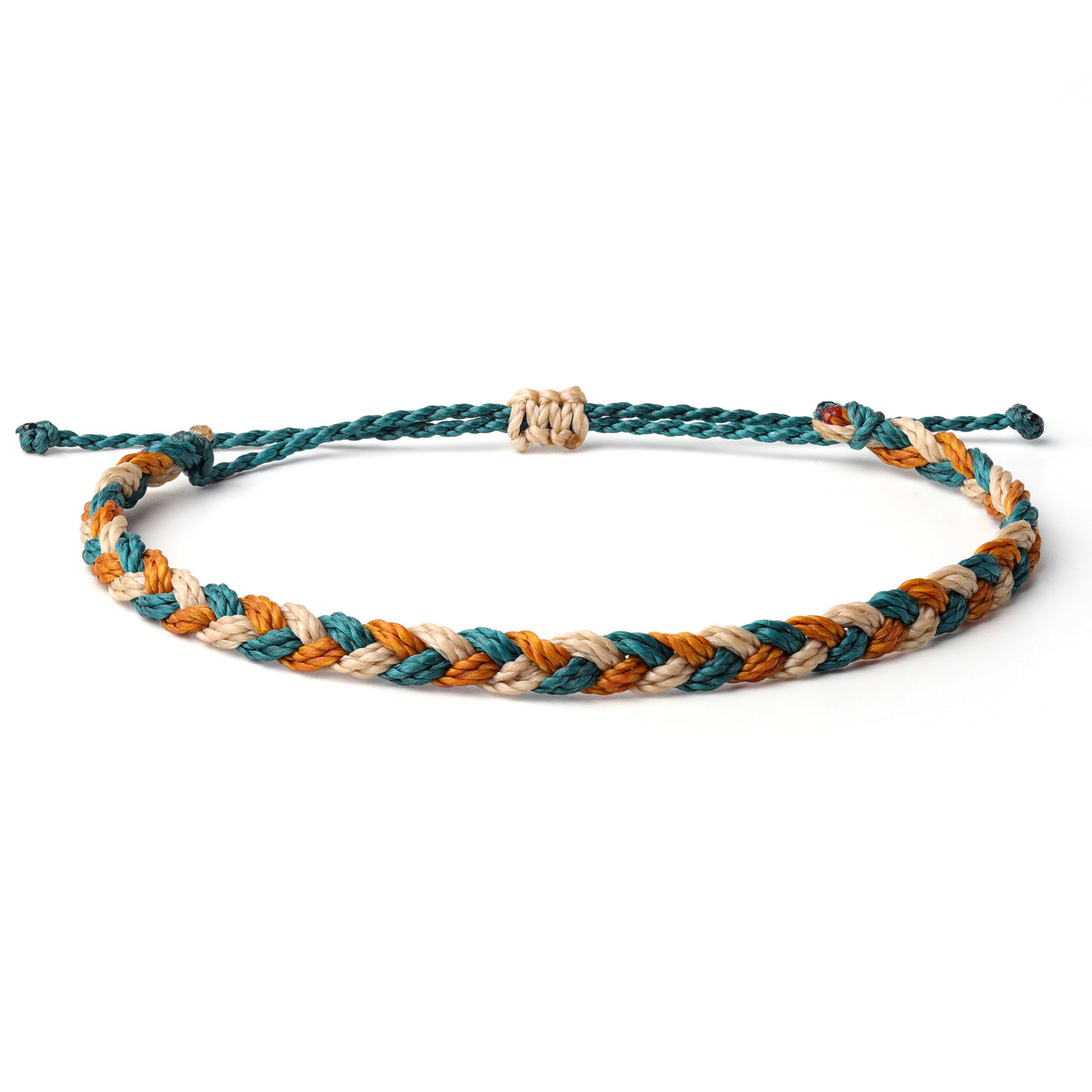 Braided Waterproof Bracelet with wax coated thread and colors teal blue, beige, orange