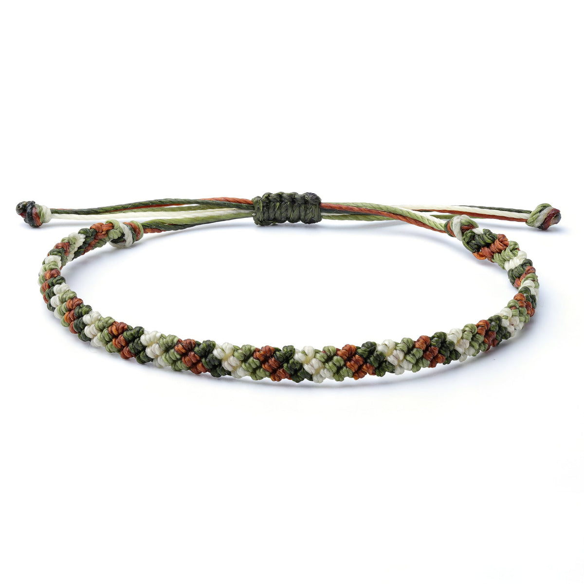 Multi Color Braided Waterproof Bracelet with wax coated thread, colors green, brown, white