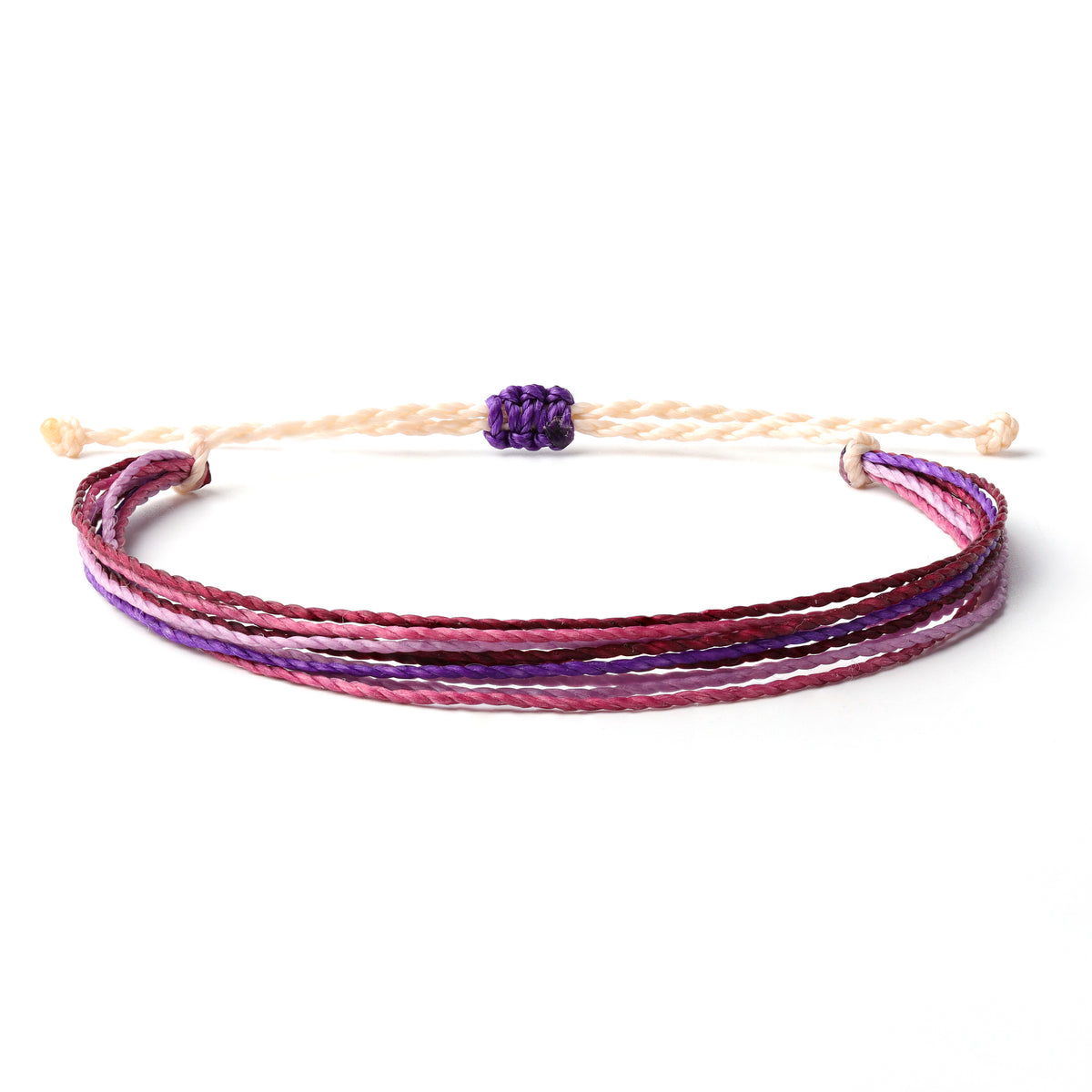 Threaded String Waterproof Wax Bracelet with colors white, bright purple, pastel purple and pink